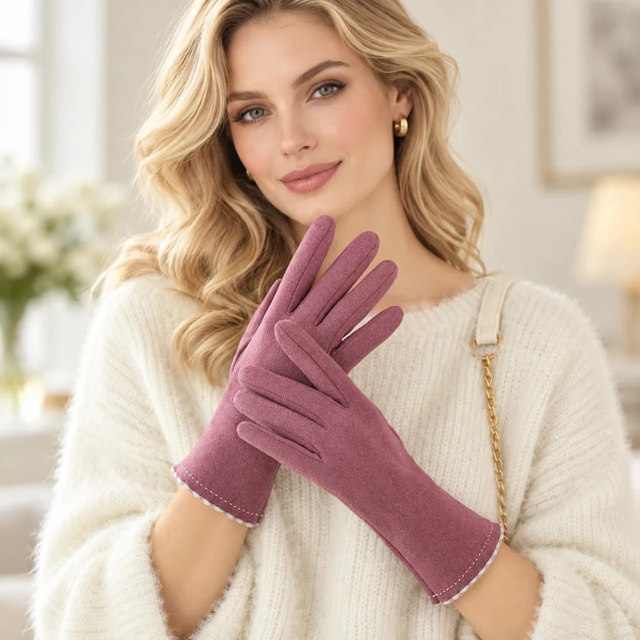 Women's Korean-style winter cycling gloves: fleece-lined, warm, windproof, cold-resistant, and touchscreen-compatible.
