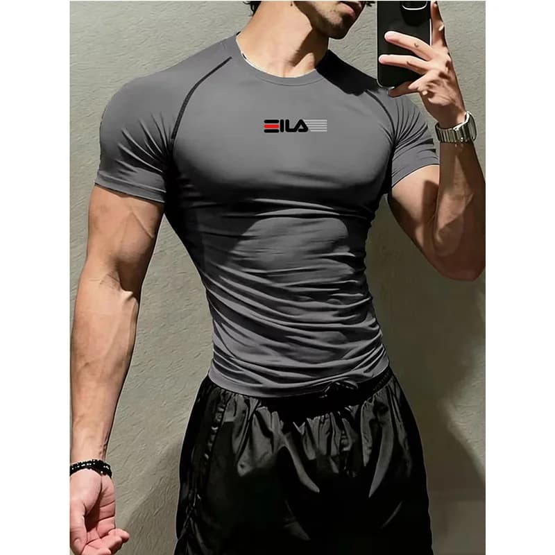 Mens Bodybuilding Sports Tight T-shirt Summer Compression Turtleneck Short Sleeve Gym Fitness Running Quick Dry Male Workout Top