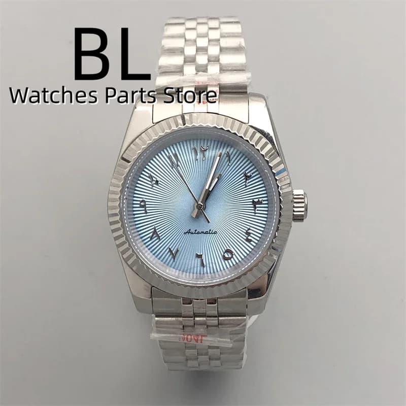 Orologio da uomo con quadrante da 36mm 39mm con numeri arabi blu ghiaccio, texture, senza data, vetro zaffiro, fibbia scorrevole, quadrante nero, verde, rosa.