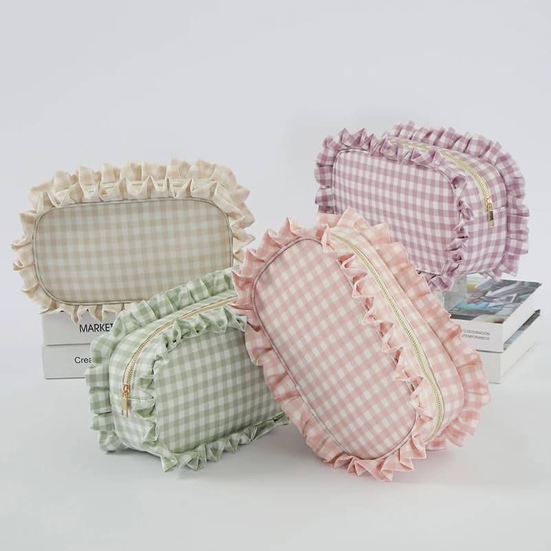 5 borse per il trucco da donna in poliestere con stampa a griglia e pizzo, borsa da viaggio rettangolare portatile con pizzo