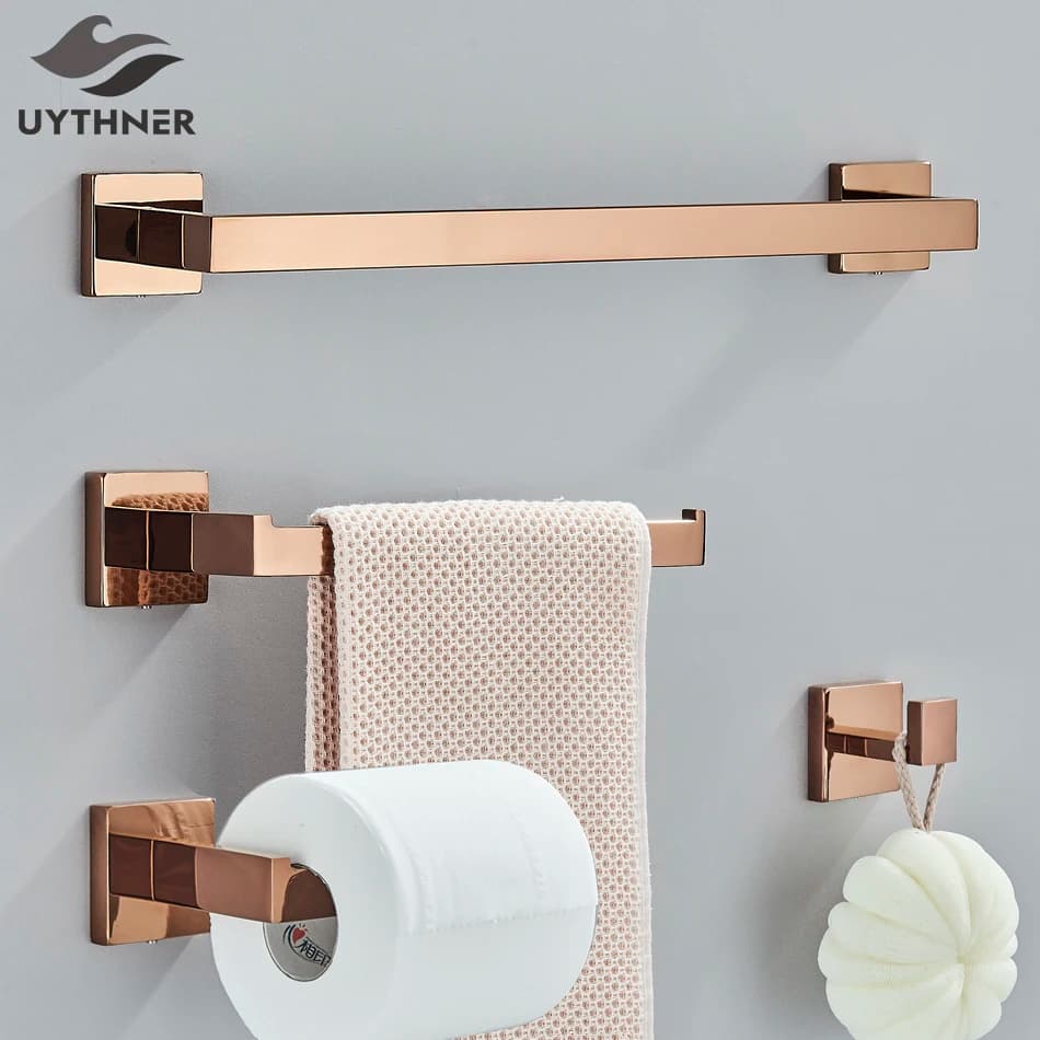 Polished Rose Gold Bathroom Hardware Bathrobe Hook Towels Bar Rack Bar Card Holder Accessories For Bathroom