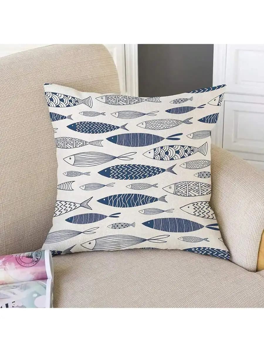 Blue Fish Print Decorative Pillow Cover For Sofa Living Room Home Decoration