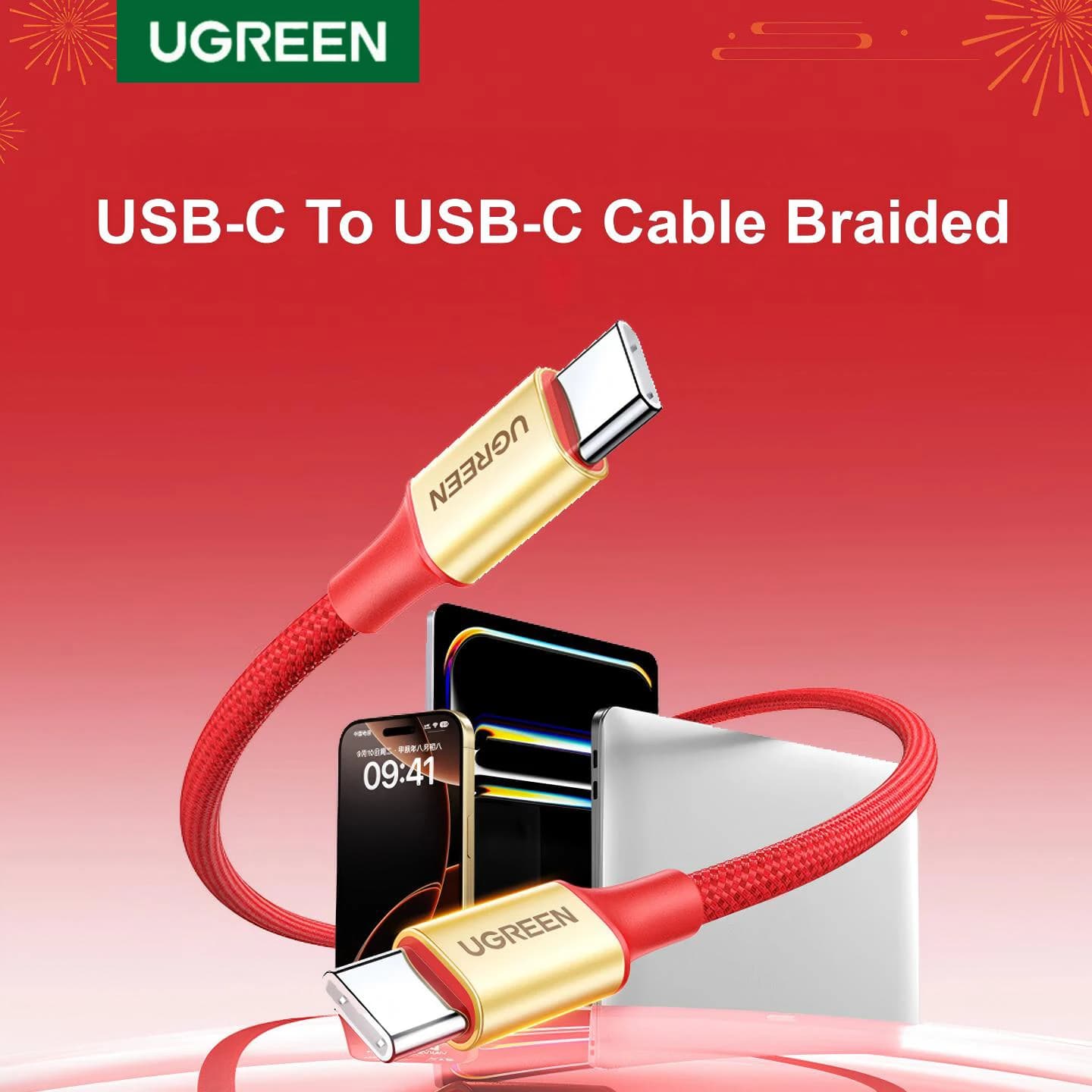 UGREEN USB Type C To Type C Cable PD60W Fast Charging 3A Braided For Apple iPhone 17 16 15 iPad Macbook Quick Charger Android 1m