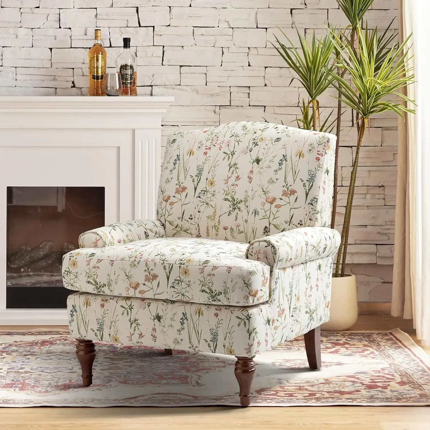 Poltrona Accent con Gambe Solide e Cuscino Rimovibile, Comoda Poltrona Imbottita Floreale, Sedia Singola per il Tempo Libero, Personalizzabile