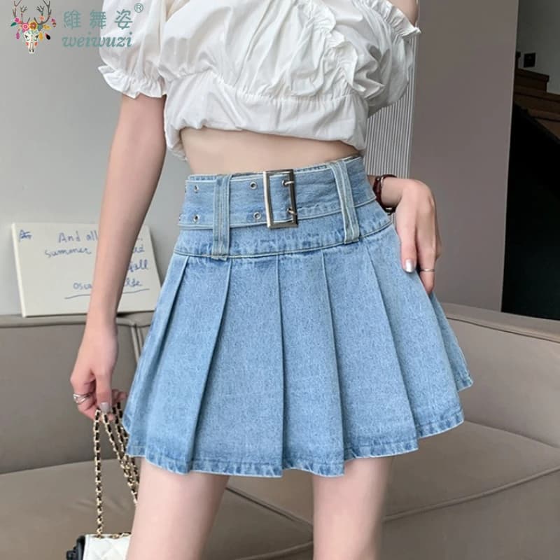Gonne corte in denim da donna coreana stile preppy con cintura Gonna jeans a vita alta Y2k Ragazze Mini gonna a pieghe sexy Abbigliamento da festa