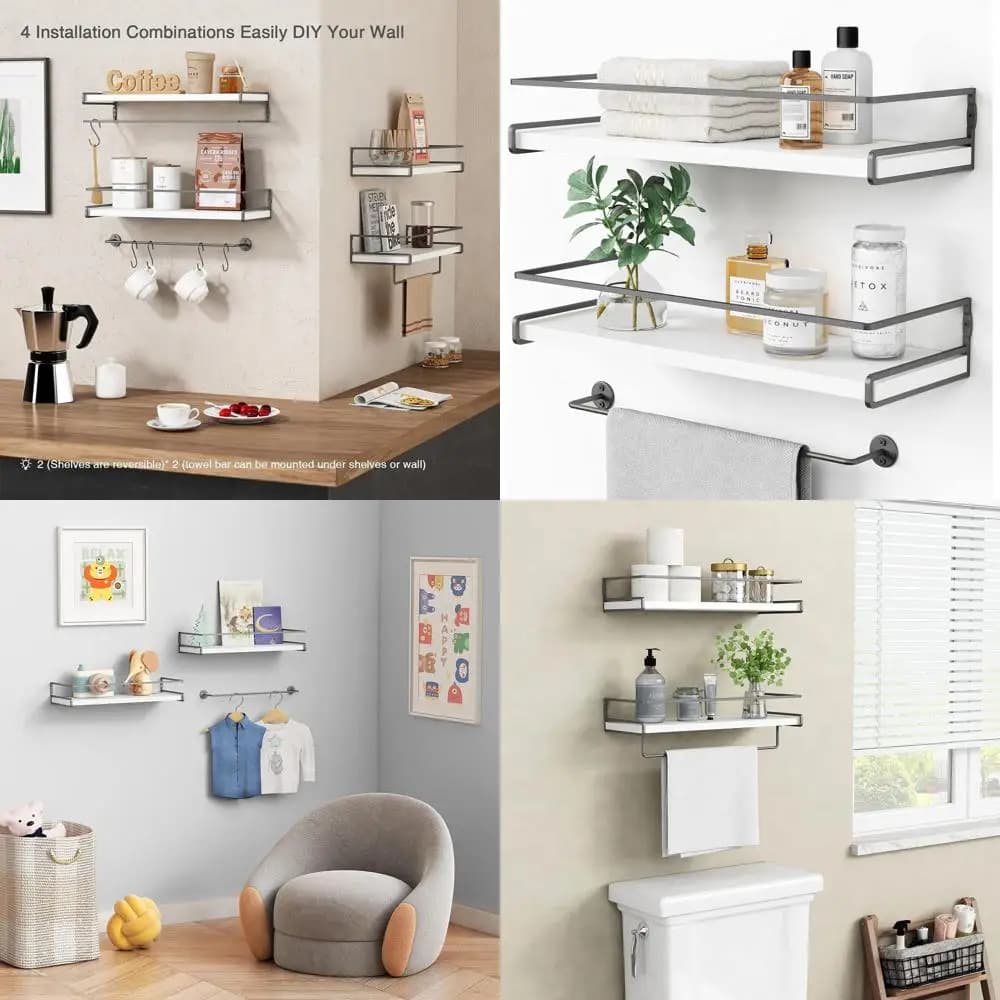 Organizer da bagno sopra WC con ripiani a parete e portasciugamani, portaoggetti angolare per la decorazione domestica (bianco-grigio scuro, 2 pezzi