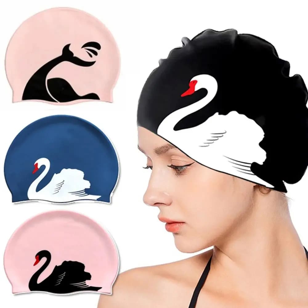 Plus Size Swimwear with Printed Motive, Elastic Dive Hat with Ear Protection, Professional Swimming Head in Silicone
