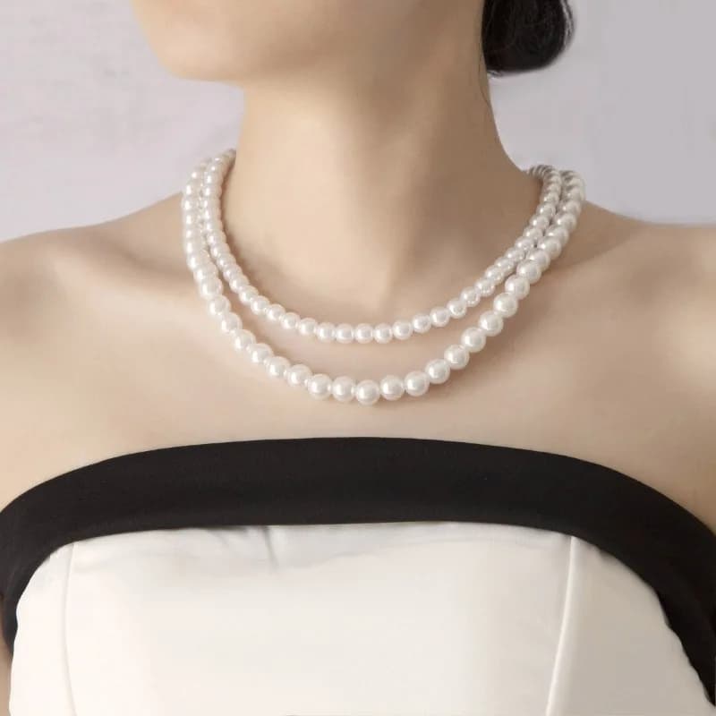 Necklace and Bracelet Set with Faux Pearls Double Layered, French Style, Clean and Simple, Lightweight and High Range Luxury
