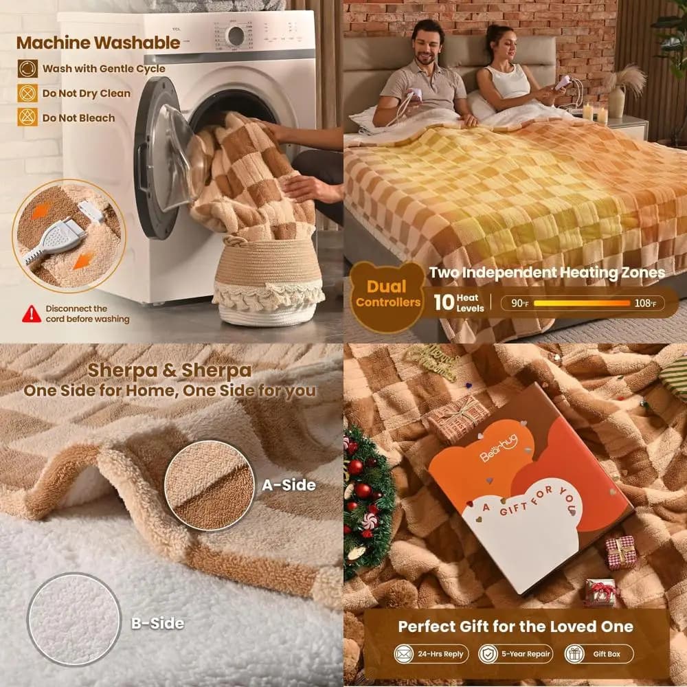 Coperta Elettrica King Size 100 x 90 con Doppio Controllo, Reversibile Marrone a Quadri Sherpa, 10 Livelli di Calore, Spegnimento Automatico 1-12 Ore, Lavabile in Lavatrice