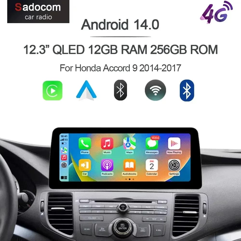 12.3" QLED 720P 8G+256G Carplay Android 14 Car Player GPS WIFI Stereo autoradio navigation For Honda Accord 9 2014-2017