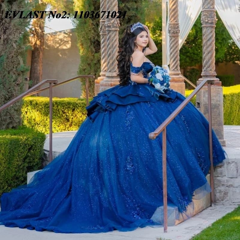 EVLAST Personalizzato Glitter Blu Navy Abito Quinceanera Abito di Sfera Applique di Pizzo di Cristallo In Rilievo Dolce 16 Abiti 15 Anos E2QA238