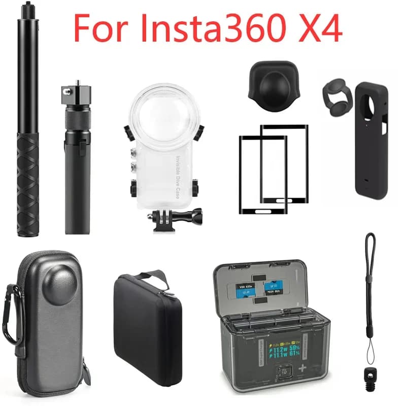 Accessori per Insta360 X4: Custodia Subacquea, Asta Selfie, Borsa Portaoggetti, Copriobiettivo, Protezione Schermo, Cinturino da Polso, Scatola di Ricarica Batteria