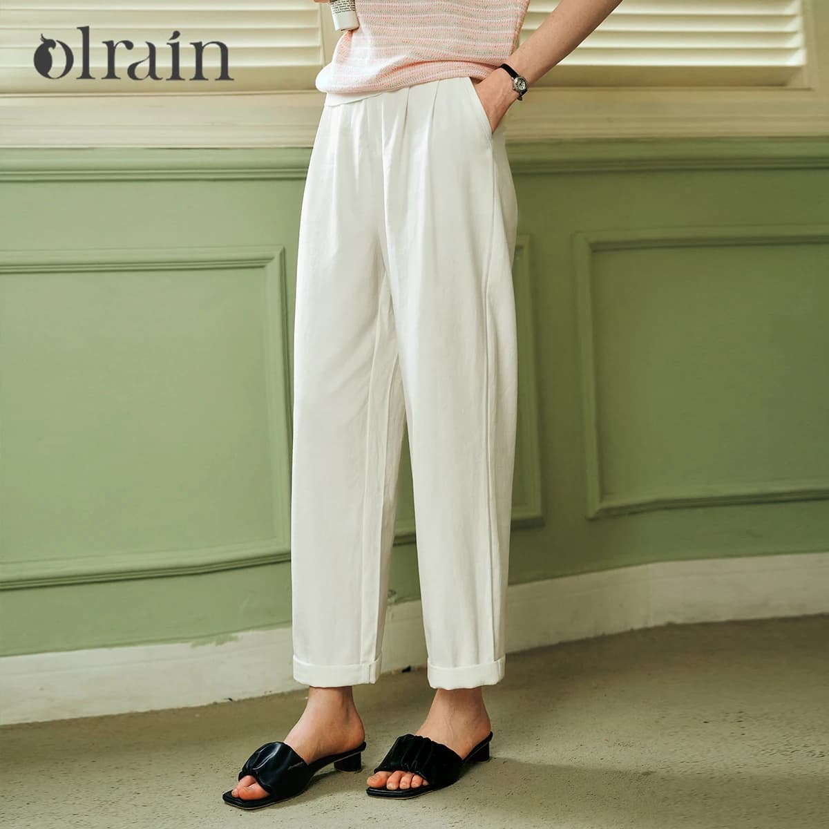 OLrain Women Pure Cotton White Jeans Cropped Denim Pant 2026 Spring Summer Casual Wide Leg Nine-point Lady Trousers O24XK92313
