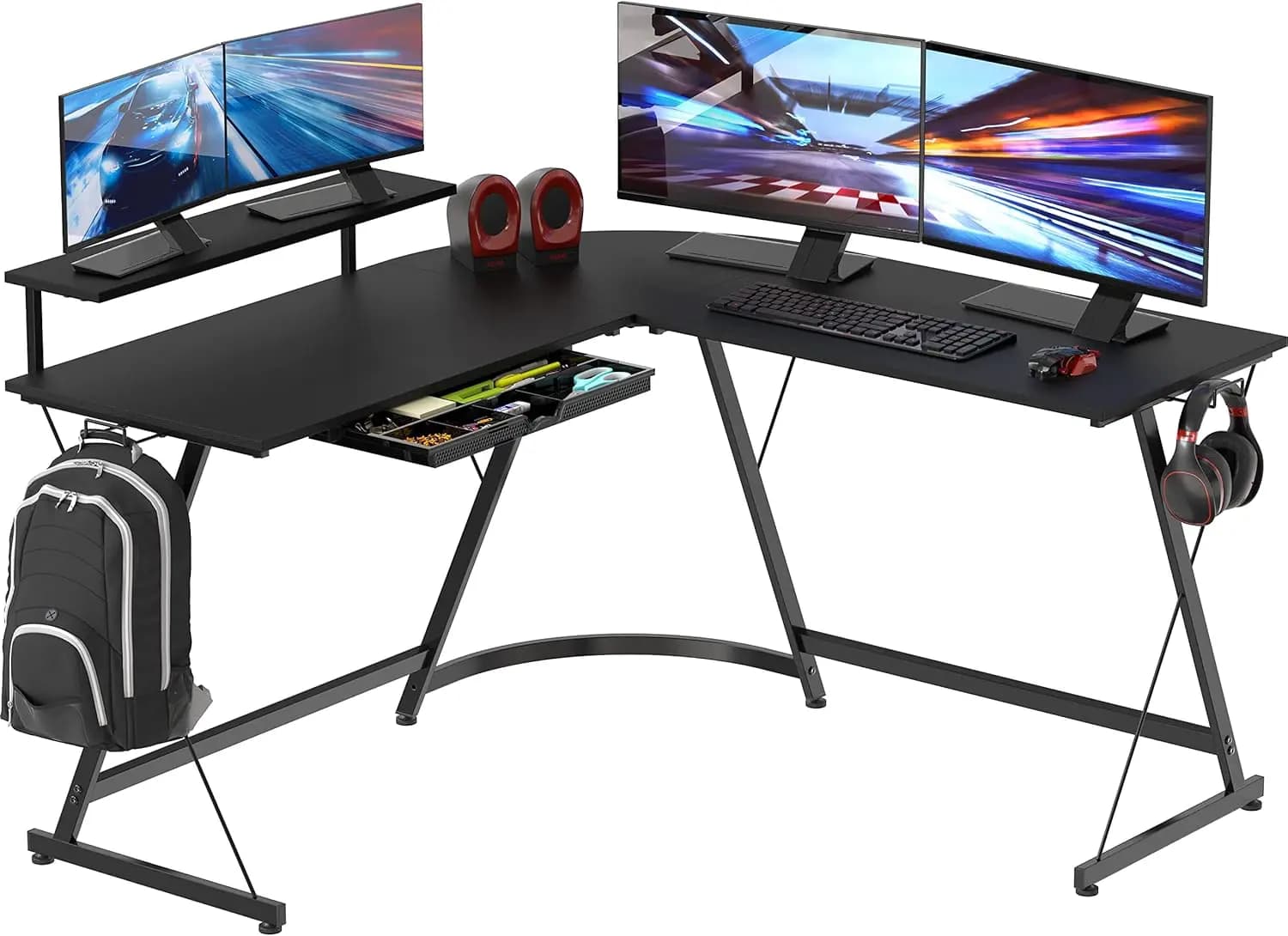 51x51 inch L-shaped desk with display and storage drawer, black