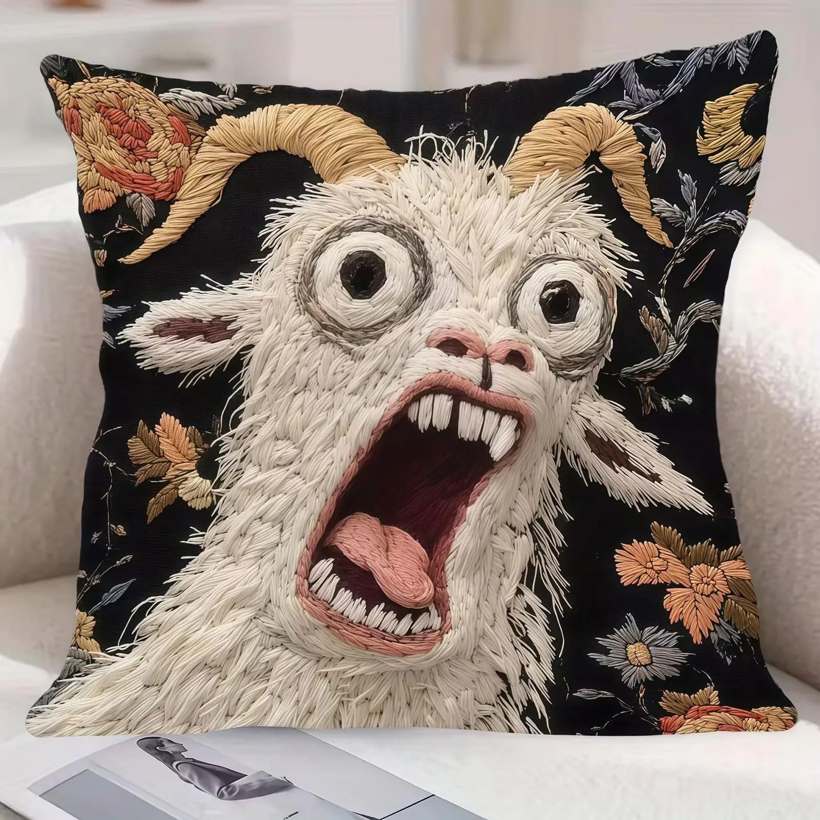 Spooky Goat Face 2D Flat Printed Pillow - Unique Non-real Embroidery Home Decor Sofa cushion cover, home decoration, 2D printing
