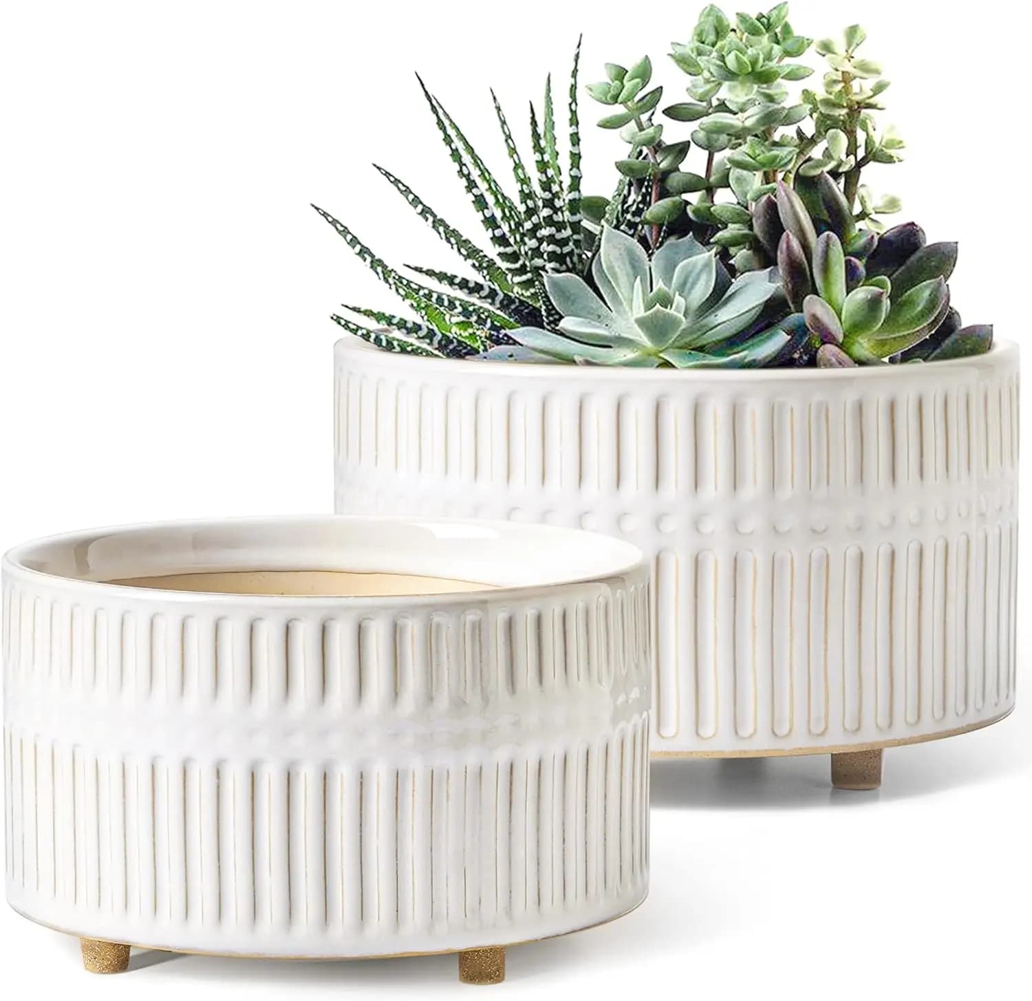 Set of 2 Ceramic Vases for Succulent Plants with Draining Hole, Low Round Vases in White Reactive Foil for Interior Plants