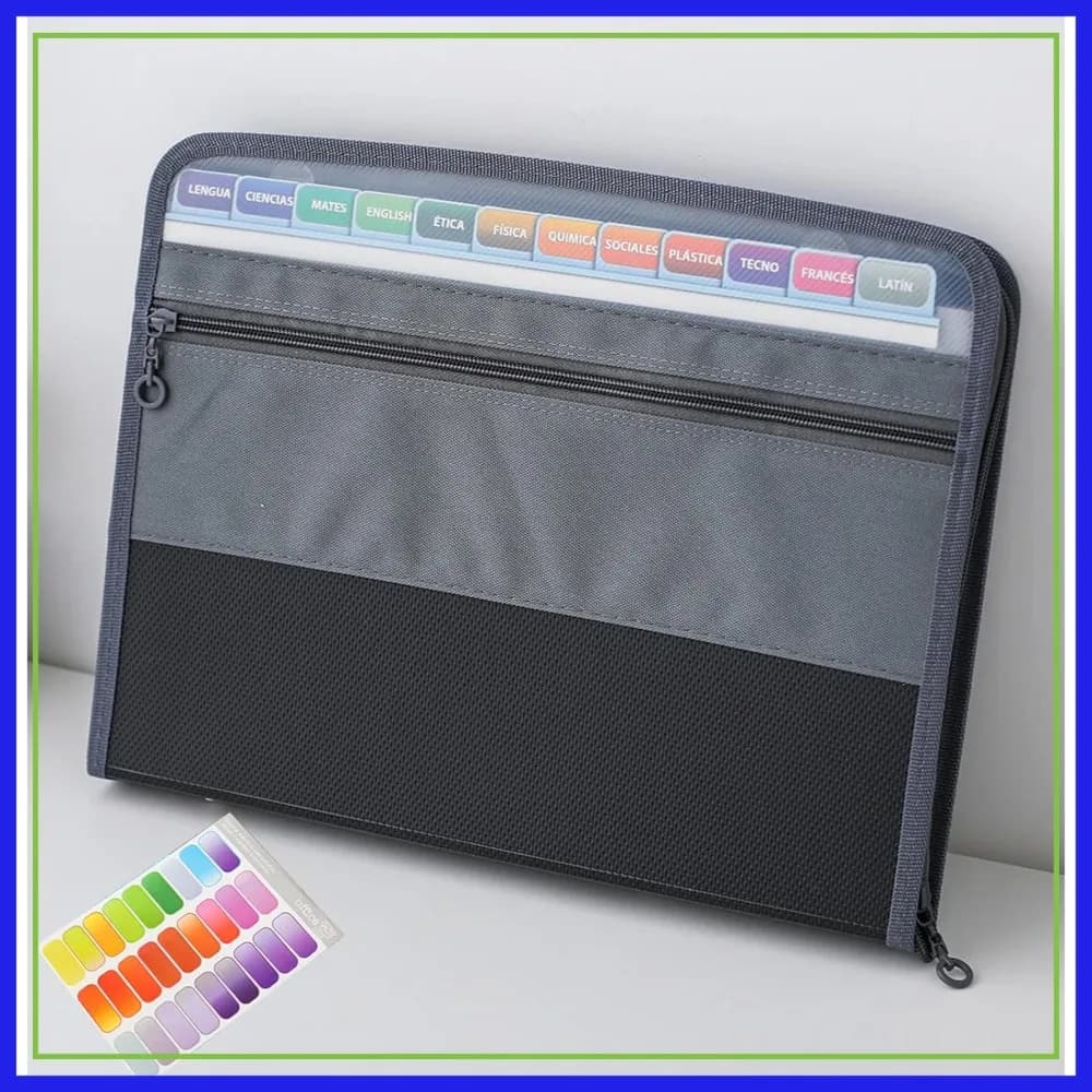 Cartella Portadocumenti Espandibile a 13 Tasche con Cerniera, Formato A4, Organizzatore Portatile, 27 Etichette Incluse (Nero)