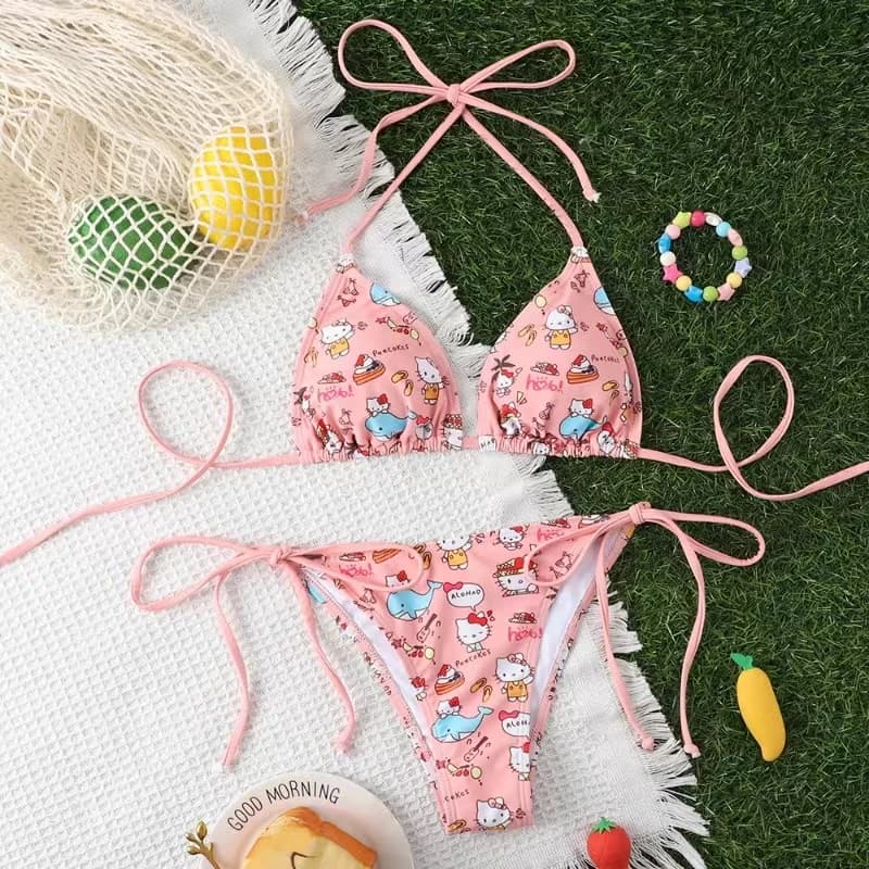 New 2 Pieces Kitty Bikini Set Kawaii Y2K Summer 2024 new women swimsuit beach with straps panties sexy swimsuits for girl