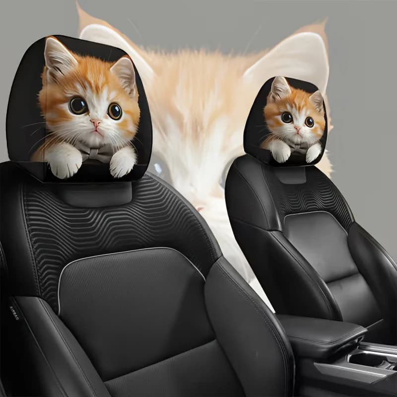 Coprisedili per Poggiatesta Auto con Stampa Gatto Arancione Carino, Occhi Grandi, Morbidi ed Elastici, Decorazione Interna Facile da Installare, Accessori da Viaggio
