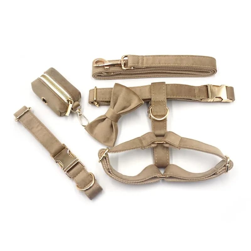 5-in-1 Quality Nylon Pet Dog Cat Collar Bow Tie Poop Bag Holder No-Pull Velvet Dog Leash Harness Set-Fashionable Stylish