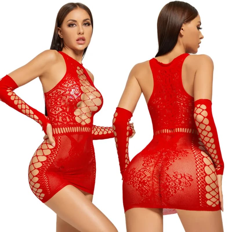 Lingerie sexy da donna in rete, body a rete, mini abito, reggiseno aperto, body senza cavallo, intimo sexy femminile.