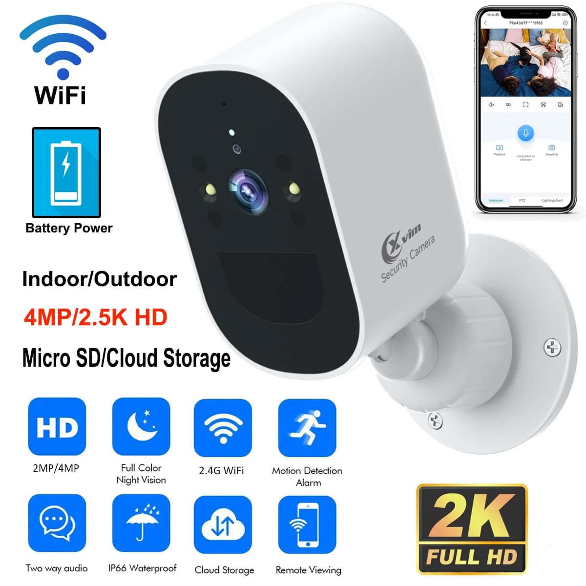 Telecamera IP WIFI da 4 MP Batteria ricaricabile Telecamera di sorveglianza esterna Telecamera di sicurezza per visione notturna a colori Baby monitor domestico