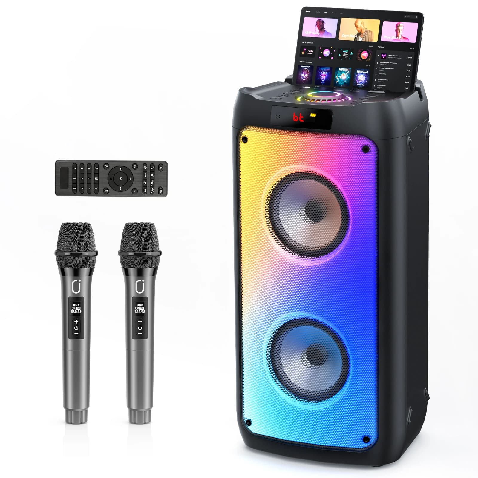 Macchina per karaoke T10 con 2 microfoni wireless, subwoofer da palco Altoparlante Bluetooth Karaoke portatile, sistema PA per grandi feste