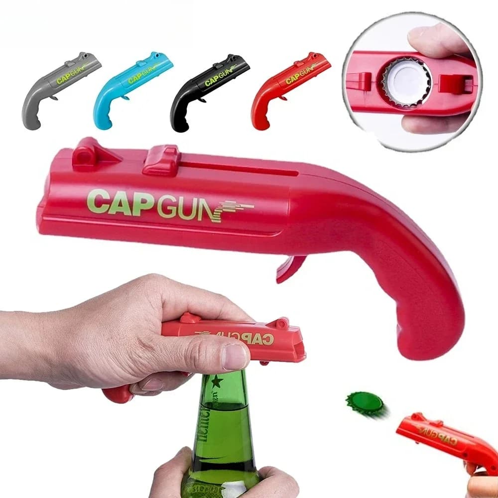 Gun bottle opener, portable gun-shaped bottle opener, plug launcher, party kitchen accessory, bar tool, kitchen accessories
