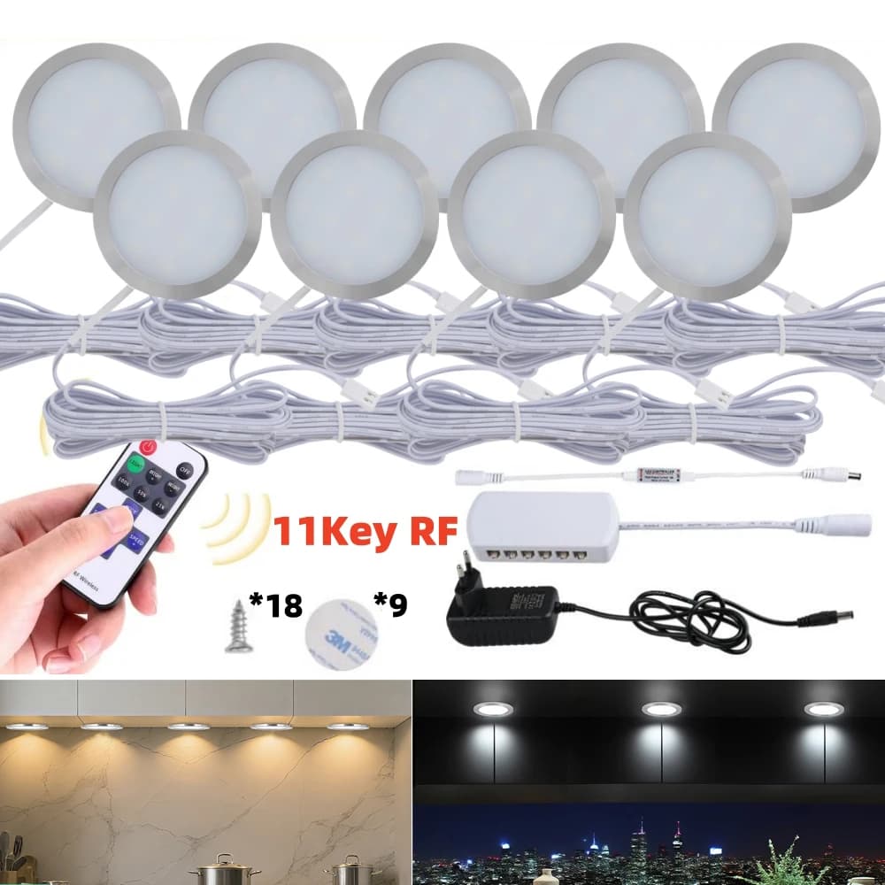 Luce per armadio rotonda ultrasottile dimmerabile DC12V con telecomando RF 3000K 4000K 6000K Vetrina Guardaroba Armadio Decor Lampada da notte a LED