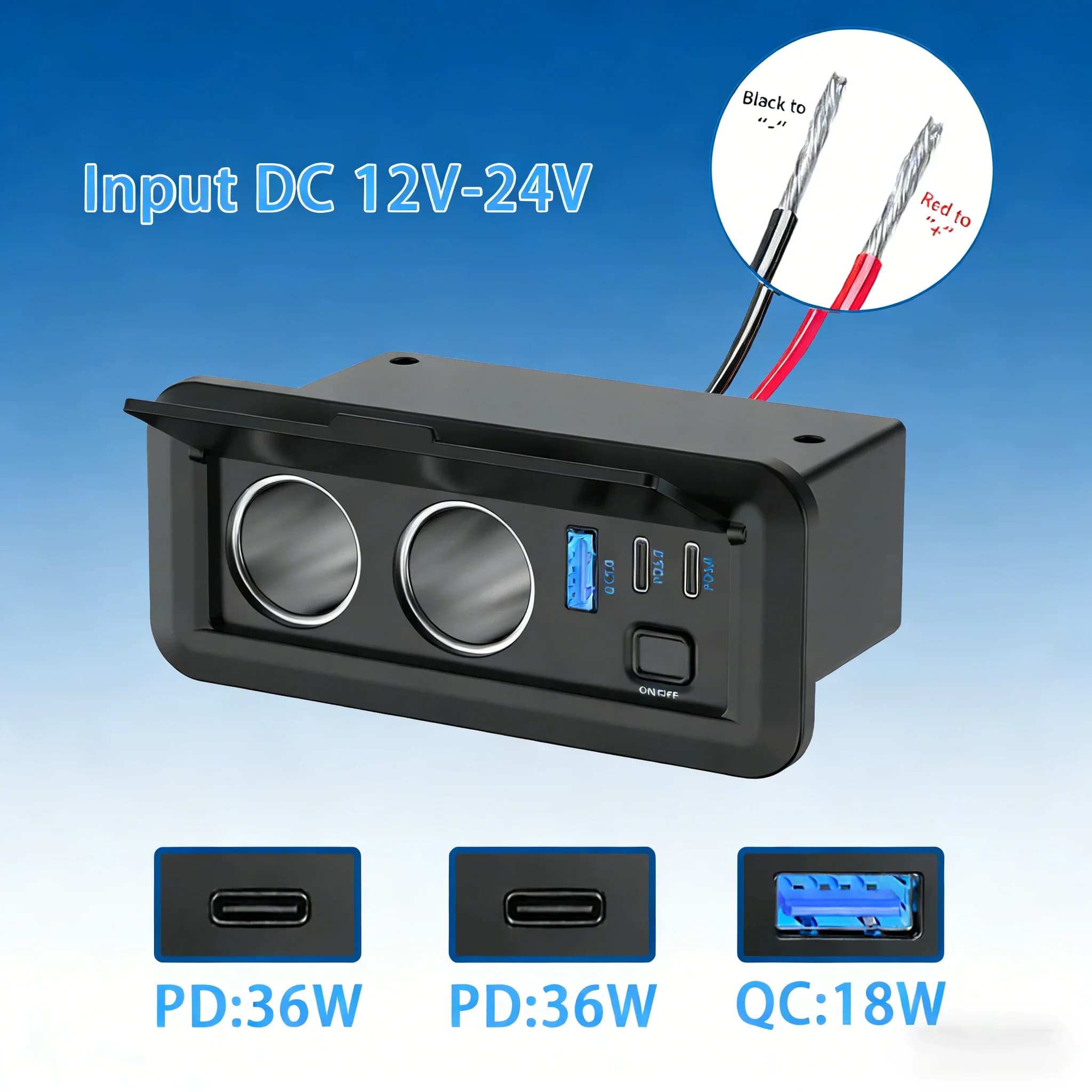 Car Charger 12V QC3.0 and Double PD3.0 with Double and Switch Lighter, Blue Light for Car, Camper, Yacht and Truck