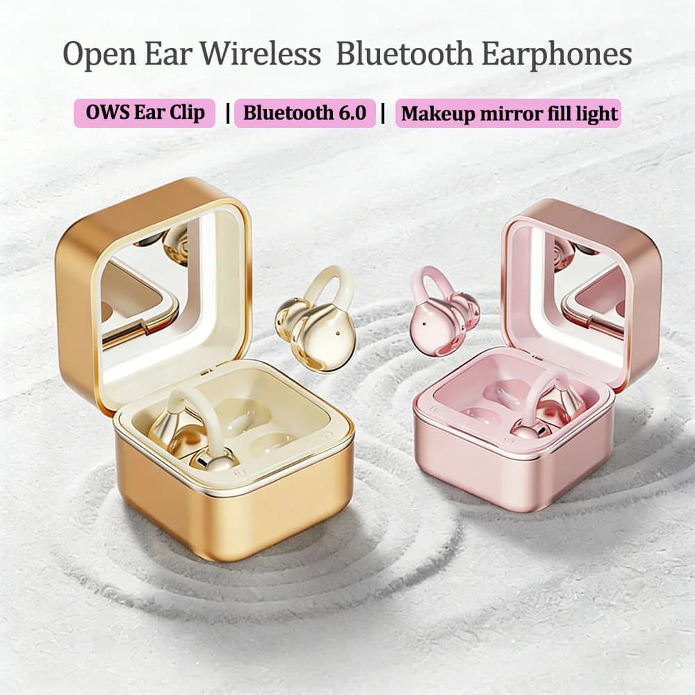 Auricolari Bluetooth 6.0 OWS con Clip per Orecchio, Cuffie Wireless Bluetooth con Specchio per Trucco e Luce per Ritocchi, Ideali per Sport, Lavoro e Studio