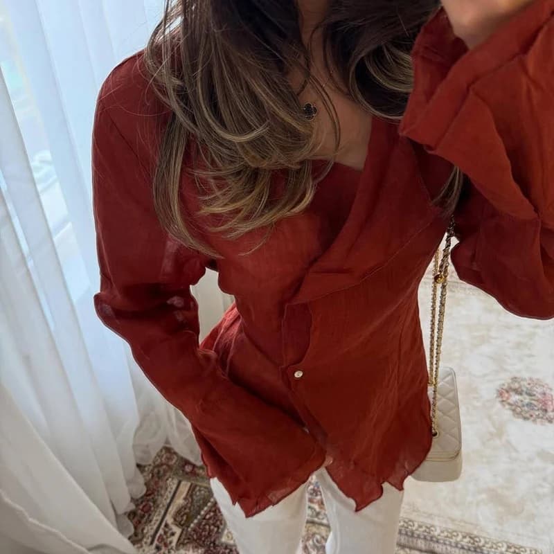 Camicie con lacci irregolari con bottoni alla moda estiva Camicetta elegante in cotone e lino con scollo a V primaverile Top casual a maniche lunghe da donna