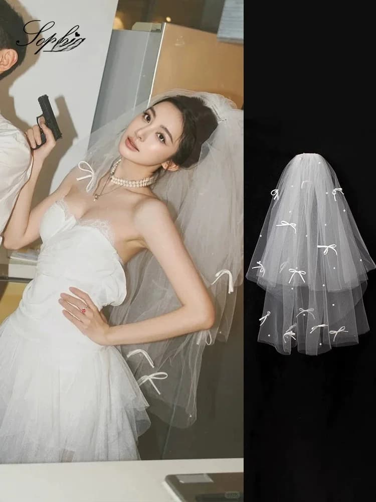 Accessorio per Capelli Stile Coreano con Velo da Sposa, Perle, per Servizio Fotografico di Fidanzamento, Piccolo Fiocco, Copricapo per Abito da Sposa