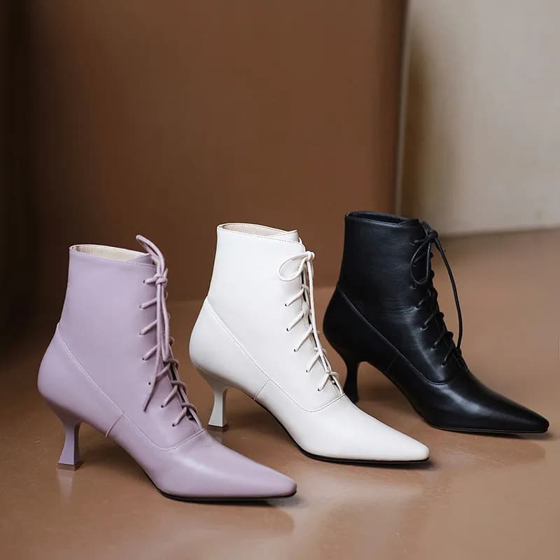 Hot Genuine Leather Women Boots Fashion Lace-up Ankle Boots Pointed Toe Thin Heels Modern Boots Handmade Women Shoes Cross-tied