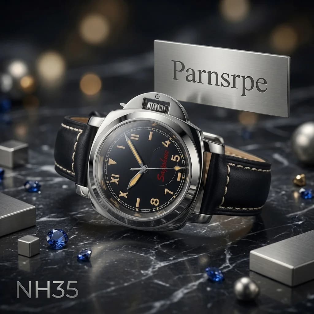 parnsrpe 40mm NH35 Automatic Case Stainless Steel with Handle Men's Watches Sapphire Glass Green Luminous Dial Leather Strap