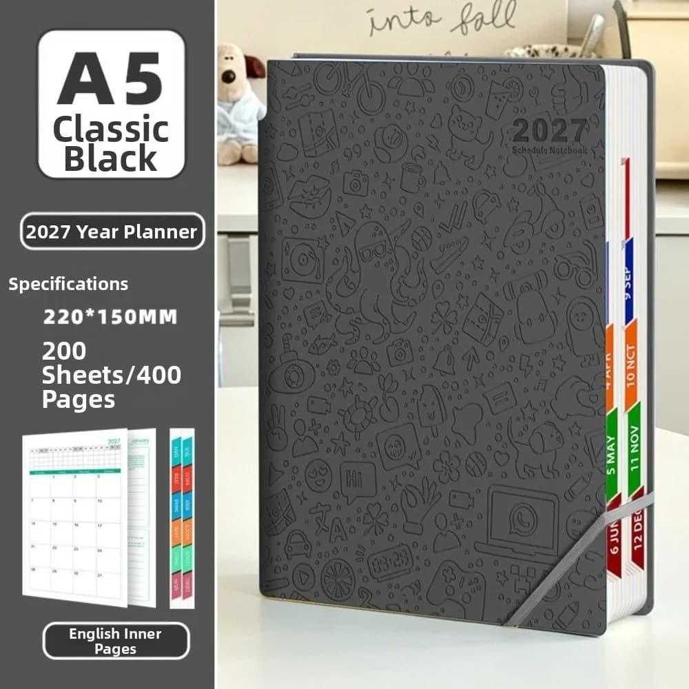Embossed Cover 2027 English Planner Notebook Pen Holder Monthly Index Monthly Planner Lined Pages Elastic Band Diary Notebook