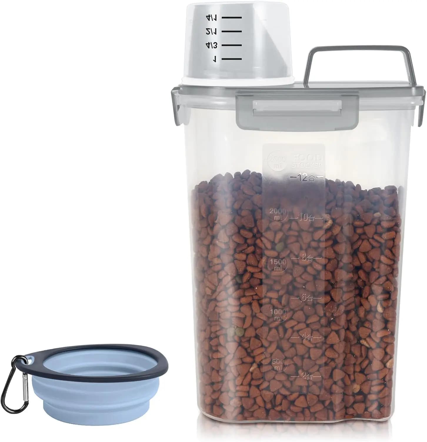 Contenitore Ermetico per Alimenti per Animali Domestici da 3-5 Libbre / 3 Quarti con Ciotola Pieghevole, Dispenser in Plastica per Crocchette, Semi per Uccelli, Riso, Cereali, Farina (Trasparente Grigio)