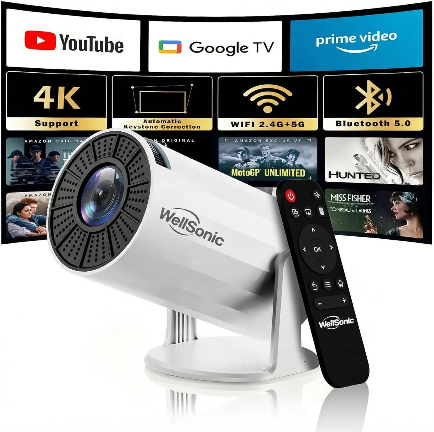 Proiettore WiFi Bluetooth Portatile, Supporto 4K, Correzione Automatica Keystone, 210 ° Schermo Rotante da 130'' per Camera da Letto e Esterni