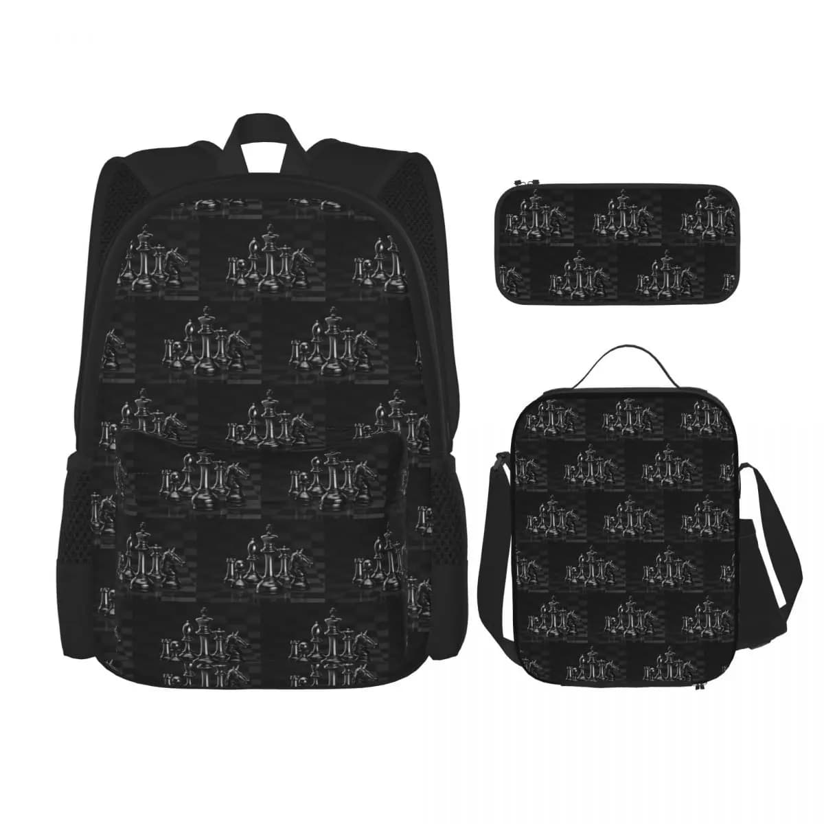 Black King Chess The-chessboard Backpacks Children Bookbag School Bags Rucksack Lunch Bag Pen Bag Three-Piece Set