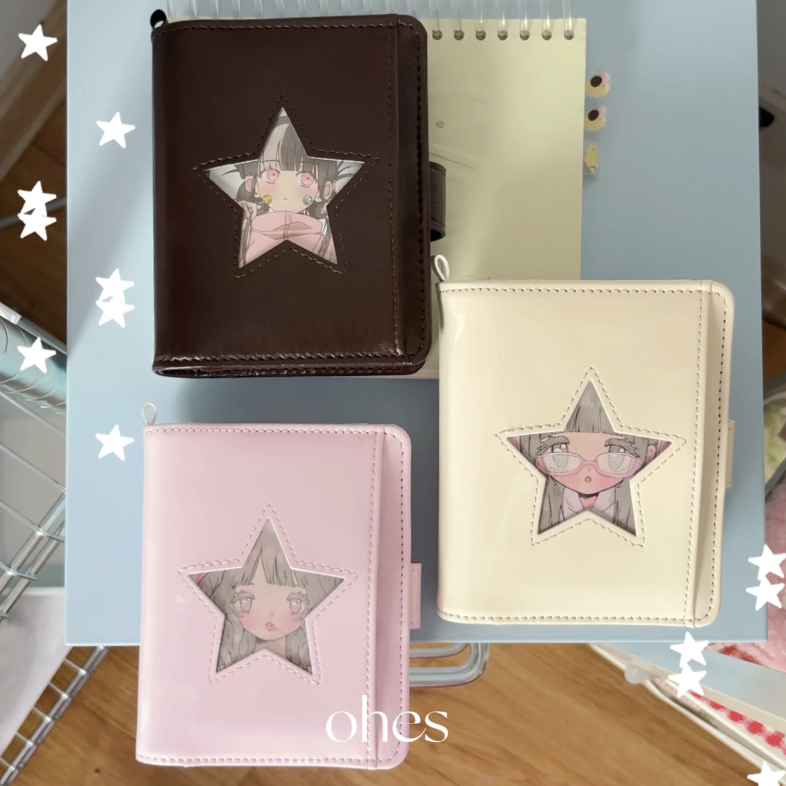 Korean Style M5 Refillable Notebook, Glossy PU Leather Binder with Pentagram Star Design, Mini Planner for Women