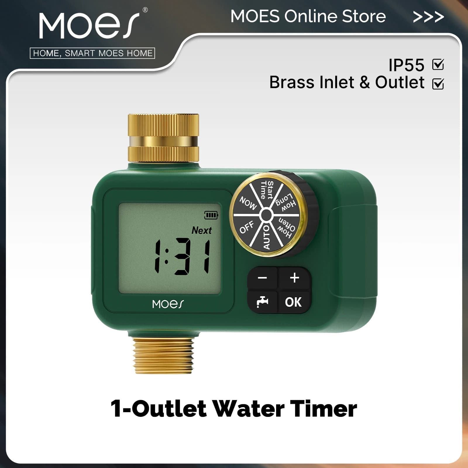 Timer per Acqua MOES a 1 Uscita, Impermeabile, Ingresso e Uscita in Ottone, Controllo con Manopola Rotante, Display LCD Integrato, IP55, Blocco Bambini
