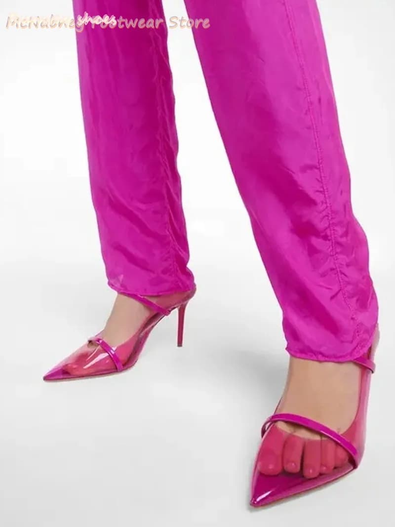 Red Pointed Tip Transparent Version Women's Sandals Sexy Stilettos A Single Line With Decoration Banquet Shoes Manual