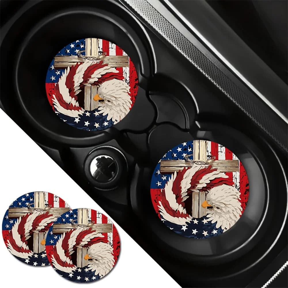2-Pack USA Flag & Patriotic Bird Themed EVA Cup Holder Coasters For Vehicle And Home Desk - Independence Day Celebration Decor