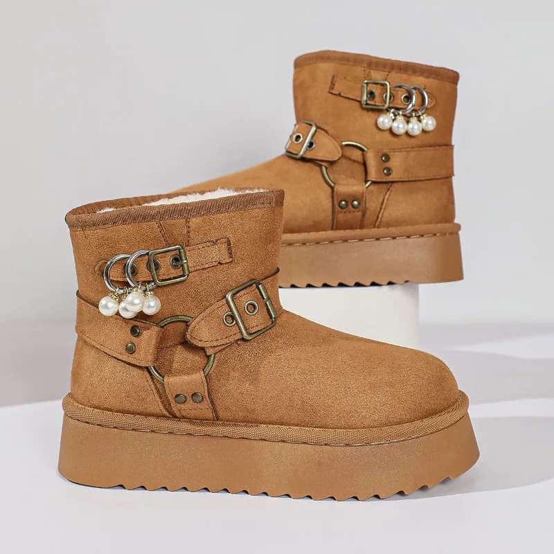 2026 Fashionable Versatile Thick Soled Mid Calf Women's Snow Boots Winter New Buckle Decor Retro Solid Warm Comfort Women Shoes