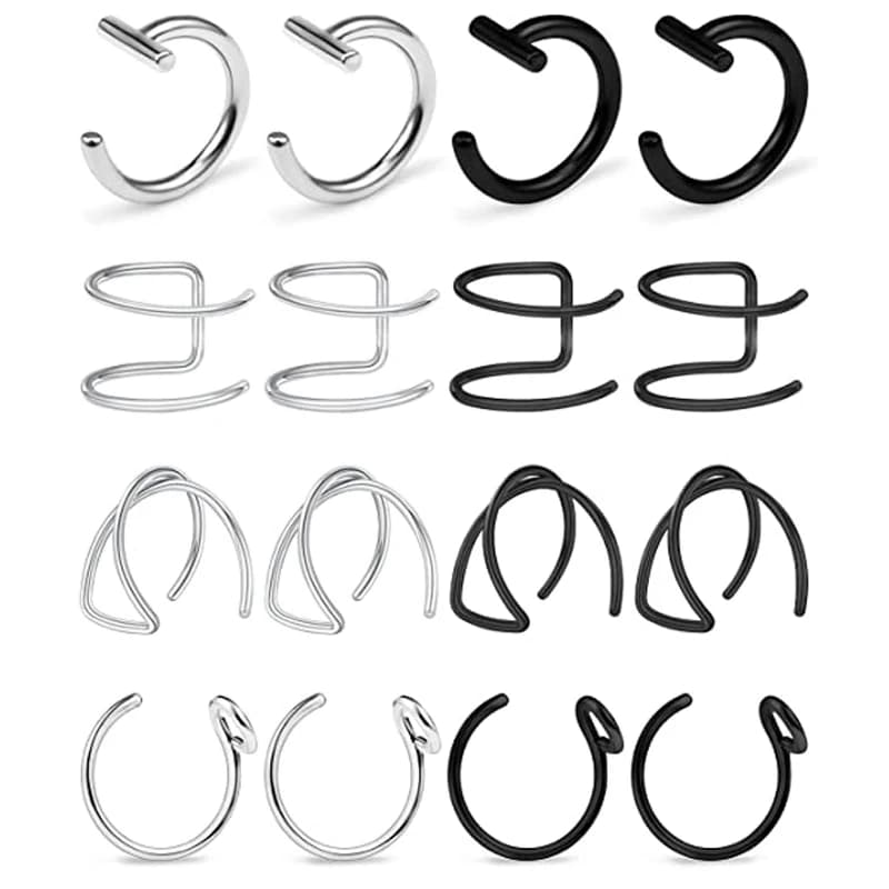 2-16Pcs Fake Lip Rings T Shaped Stainless Steel Gothic Clip On Non Piercing Nose Ring Double Cartilage Helix Ear Cuff For Women