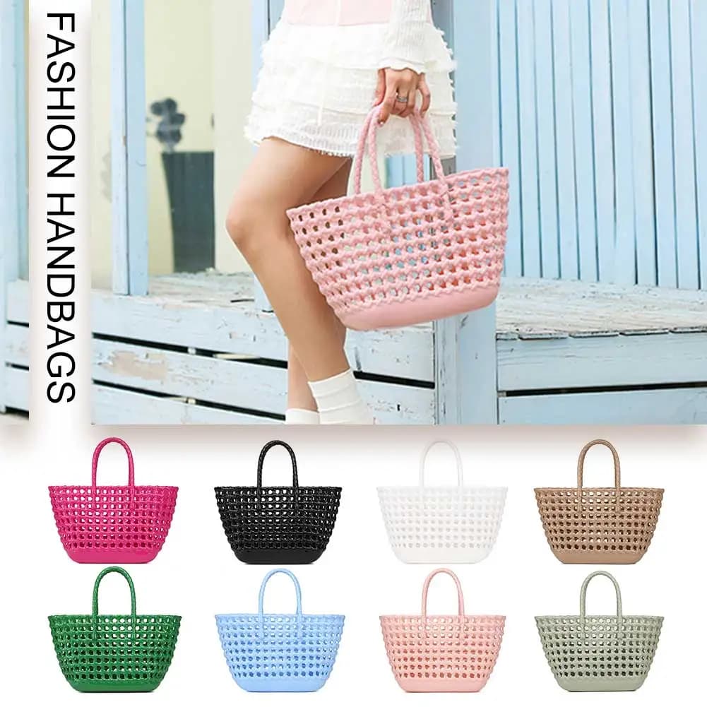 Women Travel Tote Handbag Large Capacity Fashion Tote Bag Solid Color Stylish Basket Bag Hollow Out for Outdoor Camping