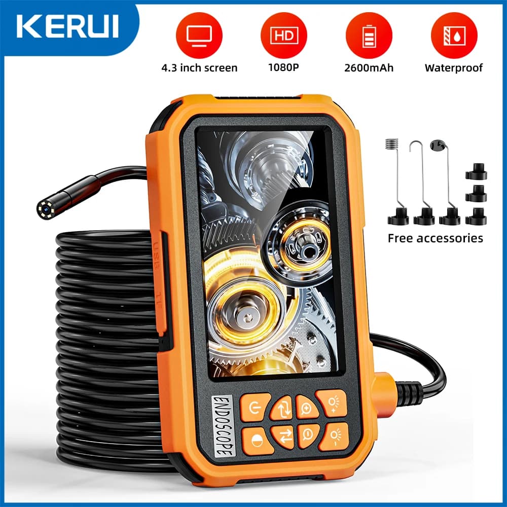 Periscopio KERUI per telecamera endoscopio industriale per tubi con schermo da 4,3 pollici Batteria da 2600 mAh Doppia lente singola per riparazione auto