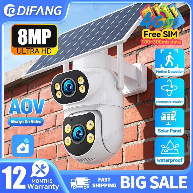 Telecamera di sicurezza solare 4G da 8MP con doppia lente e 2 schermi, a basso consumo, wireless, IP, per esterni, PTZ, con rilevamento umano e tracciamento automatico CCTV