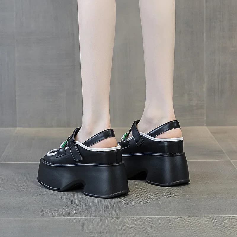 11cm Women's Genuine Leather Sandals Height Increasing Wedges Net Yarn Summer New 2025 Diamond-Roman Style Hole Shoes