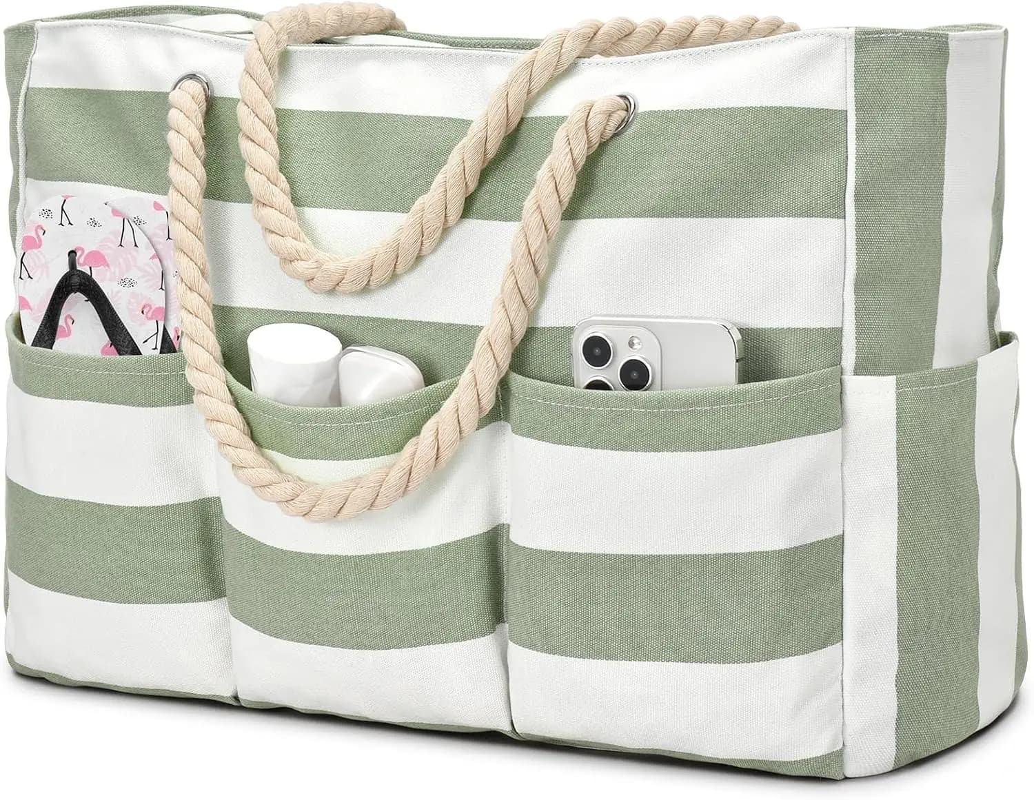Canvas Large Beach Tote Bag for Women, Waterproof Sandproof Foldable with Zipper & 7 Pockets
